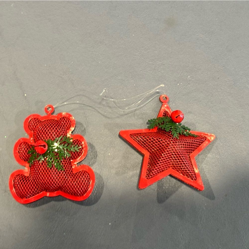 Set of 2 Department 56 Red Metal Mesh Christmas Tree Ornaments Star and Bear